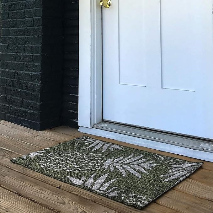 LR Home 2 x 3 Indoor/Outdoor Area Rug for Home Decor | Coastal Pineapples Carpet for Living Room, Bedroom, playroom, Patio, Garden | Modern Farmhouse Rug | Dark Green/Beige