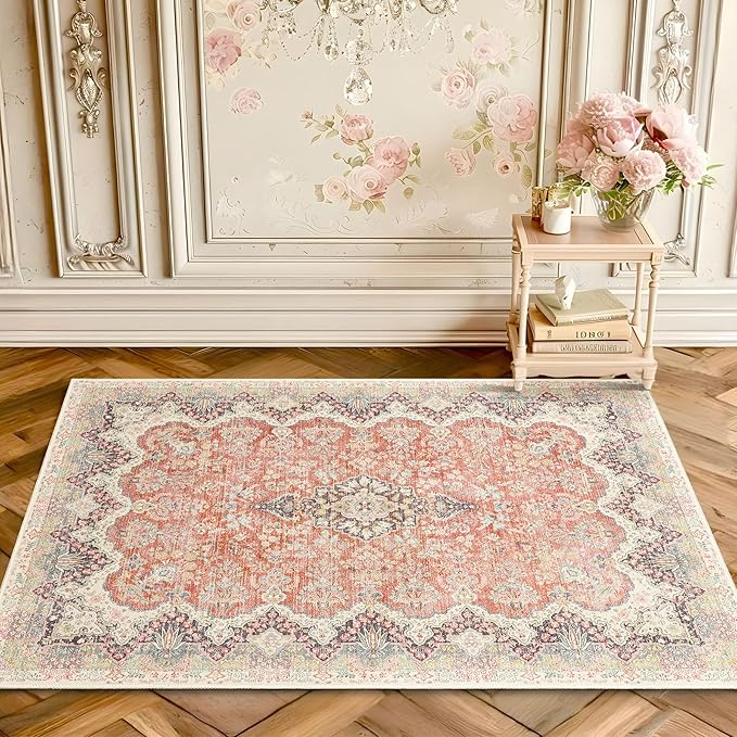 Small Rug 2x3 Boho Rugs for Entryway, Vintage Washable Area Rug for Bathroom Kitchen Bedroom, Non Slip Soft Accent Distressed Floor Throw Carpet, Red Grey