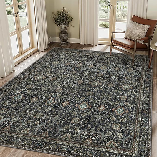 10X12 Area Rugs Machine Washable Rugs for Living Room, Vintage Boho Large Rugs for Bedroom Dining Room, Non Slip Indoor Soft Distressed Lightweight Thin Low Pile Carpet, Black