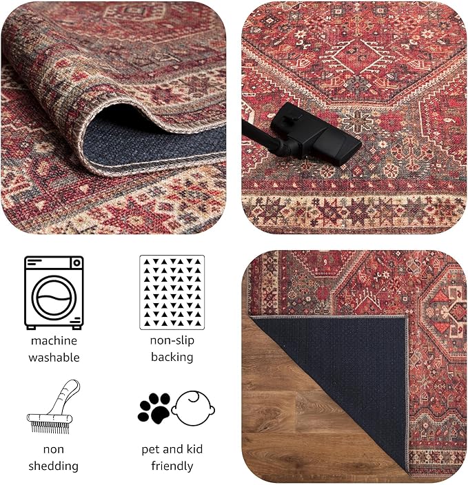 Keen Home Design Machine Washable Area Rugs with Non-Slip Backing, Ideal for Hallway, Living Room, Bedroom, Kitchen and Laundry Room, Vintage Moroccan and Low Pile Rug - (2'6'' x 12'), Red/Brown