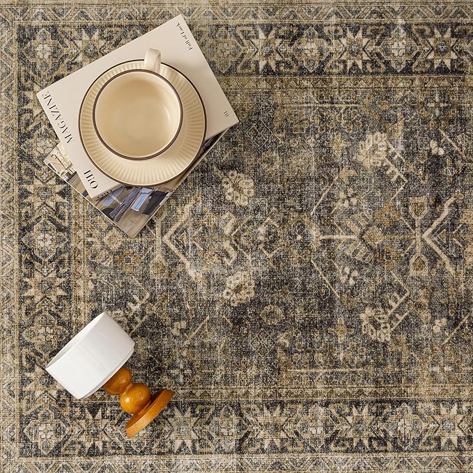 2x3 Brown Black Area Rug Washable Vintage Distressed Carpet Low Pile Entryway Door Mat Non Slip Indoor Soft Small Retro Entrance Throw Accent Rug Kitchen Bathroom Bedroom Dining Living Room
