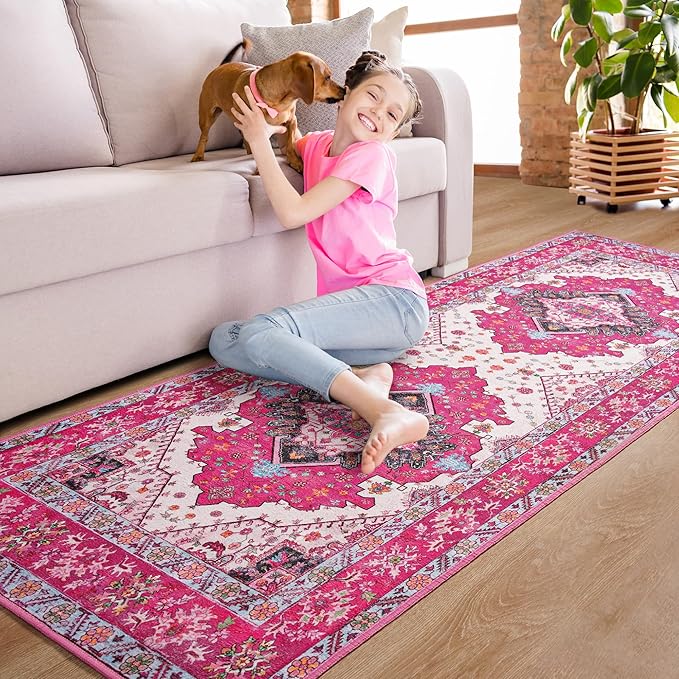 Noahas Hot Pink Hallway Runner Rug 2x6,Vintage Machine Washable Kitchen Runner Area Rugs with Rubber Backing Non Slip Print Carpets for Bedroom Girls,Entryway,Laundry Room,Bathroom,Home Decor