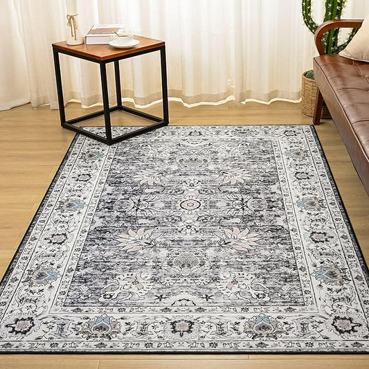 Washable Area Rug 4x6, Non-Slip Vintage Floral Rug Low Pile Stain Resistant Chenille Throw Carpet for Living Room Bedroom Kitchen Dining Room Dorm Farmhouse Boho Home Decor (Grey)