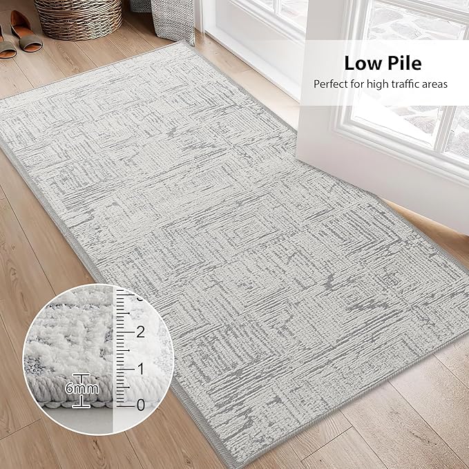 RYB HOME Machine Washable 2x3 Jacquard Door Rug, Non Slip 3D Textured Abstract Jacquard Carpet for Entry Door, None Shedding Area Rug for Kitchen Bathroom Hallway, Grey