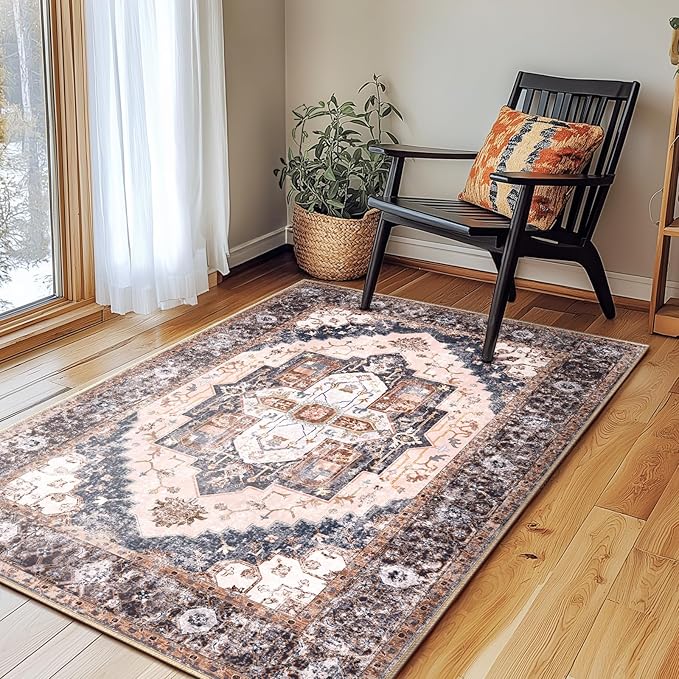 Washable 3x5 Area Rugs, Rugs for Living Room, Low-Pile Water&Stain Resistant Carpet Vintage Distressed Printed Non-Slip Carpet for Bedroom Bathroom Kitchen-Pink/Brown/Navy Blue/Black
