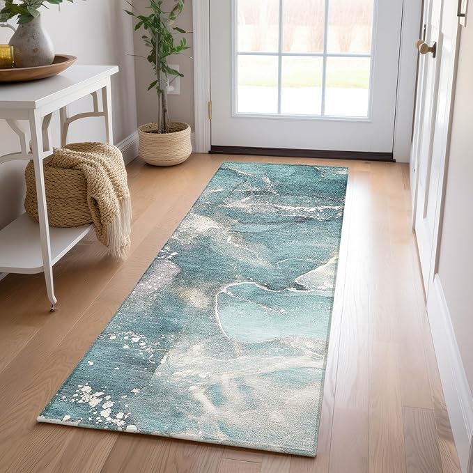 Addison Rugs Chantille ACN518 Teal 2'3" x 7'6" Indoor Outdoor Hallway Runner Rug, Stain Resistant Washable Kitchen Area Carpet for Bathroom, Laundry and Bedroom