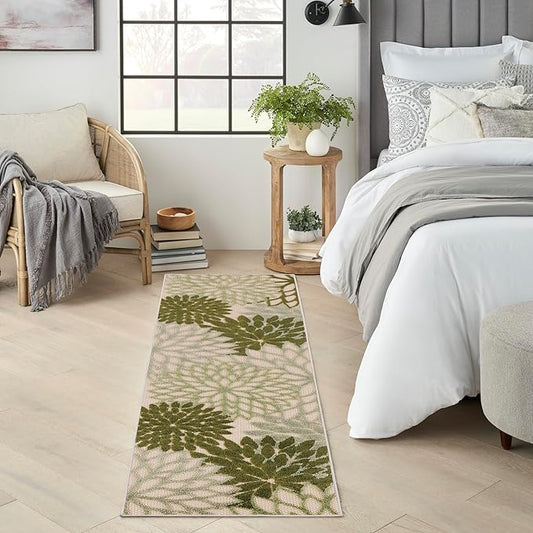 Nourison Aloha Indoor/Outdoor Ivory Green 2' x 6' Area Rug, Easy Cleaning, Non-Shedding, Bed Room, Living Room, Dining Room, Backyard, Patio, Deck (2x6)