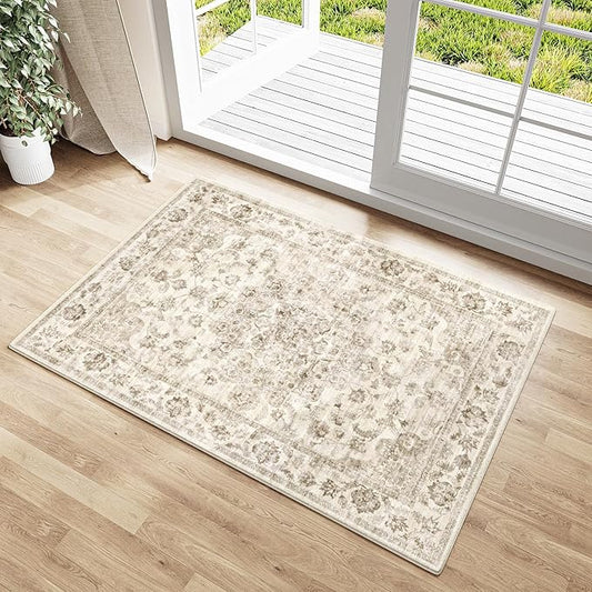 2x3 Washable Neutral Area Rug Beige Entryway Kitchen Non-Slip Low Pile Floral Carpet Door Mat Vintage Soft Thin Small Throw Rug for Bathroom Bedroom Indoor Entrance