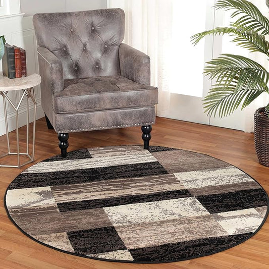 Superior Indoor Area Rug, Jute Backing, Plush Modern Rugs for Entryway, Kitchen Floors, Office Floor Cover, Color Block Rugs, Rockwood Collection, 8' Round, Chocolate