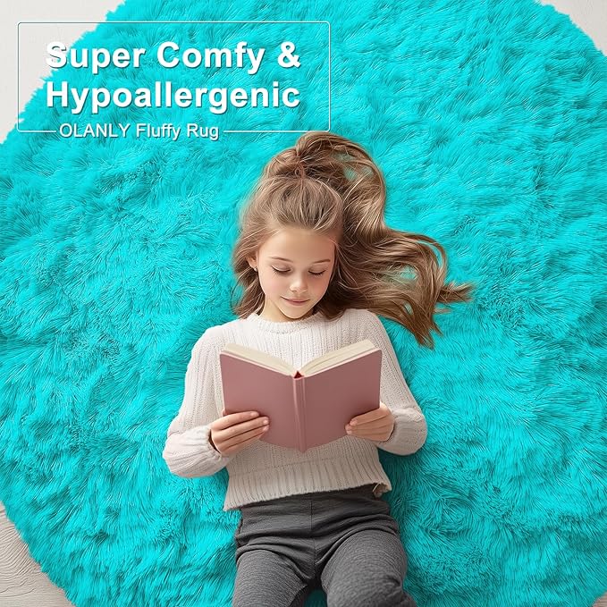 OLANLY Teal Blue Round Rugs for Bedroom - Machine Washable, 4x4 Feet Circle Area Rugs for Living Room, Soft and Fluffy Shaggy Carpet for Teen Girls and Boys, Dorms, Nursery Rooms, Home Decor Aesthetic