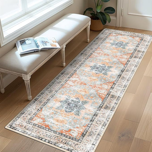 vivorug Washable Rug, Ultra Soft Runner Rug 2x10, Non Slip Floor Carpet, Runners for Hallway Living Room Indoor, Vintage Accent (Orange, 2'x10')