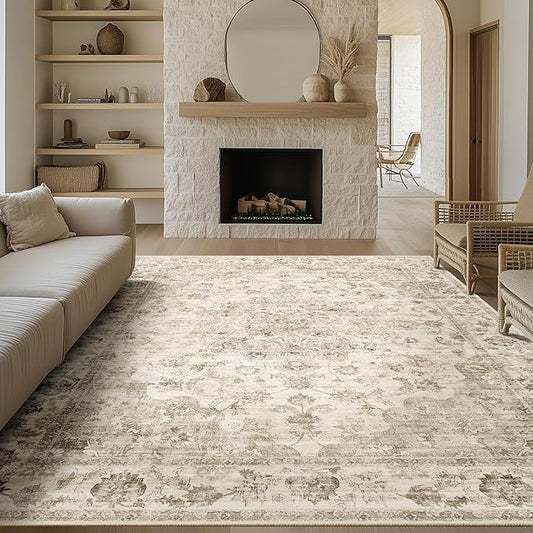 10x12 Neutral Area Rug Beige Floral Living Room Bedroom Large Carpet Non-Slip Low Pile Vintage Soft Thin Washable Throw Rug for Dining Room Office Kitchen Indoor Nursery
