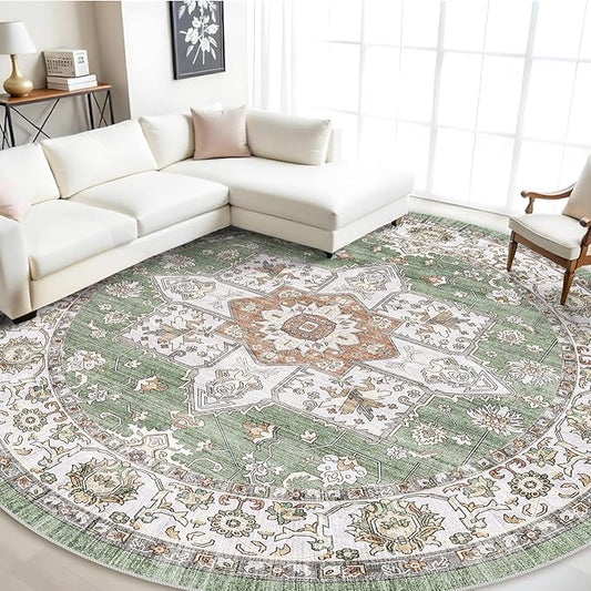 RUUGME Washable 9 ft Round Area Rug - Large Boho Rugs for Living Room Stain Resistant Carpet Vintage Tribal Rugs for Bedroom Kitchen Bathroom with Non Slip Backing Floor Decoration Mat 9ft Sage
