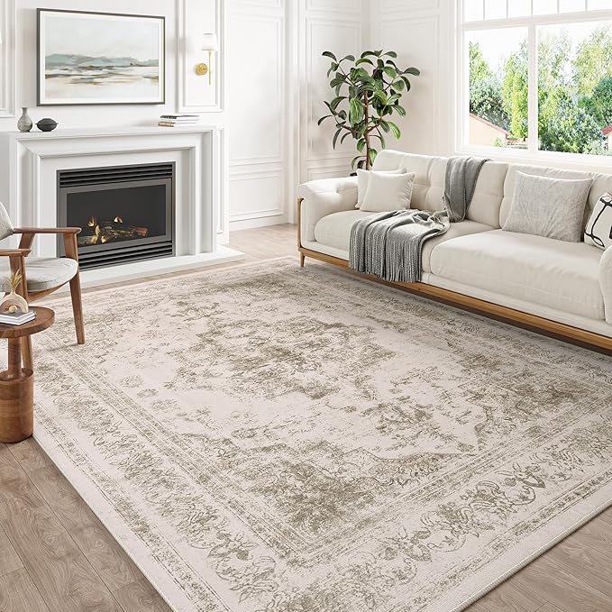 Washable Rug 10x12 Area Rug for Living Room Taupe Vintage Boho Medallion Large Distressed Retro Carpet Non Slip Indoor Low Pile Small Soft Bedroom Dining Room Home Office