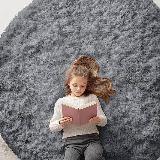 OLANLY Light Grey Round Rugs for Bedroom - Machine Washable, 6x6 Feet Circle Area Rugs for Living Room, Soft Fluffy Shaggy Carpet for Teen Girls and Boys, Dorms, Nursery Rooms, Home Decor Aesthetic