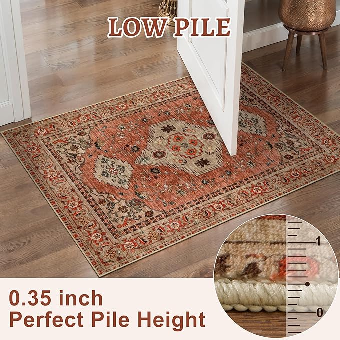 Boho Runner Rug, 2x6 Washable Runner Rugs for Hallways, Non Slip Vintage, Soft Low Pile Long Rug,Distressed Terracotta Oriental Carpet Runners for Kitchen Bedroom Entryway Living Room