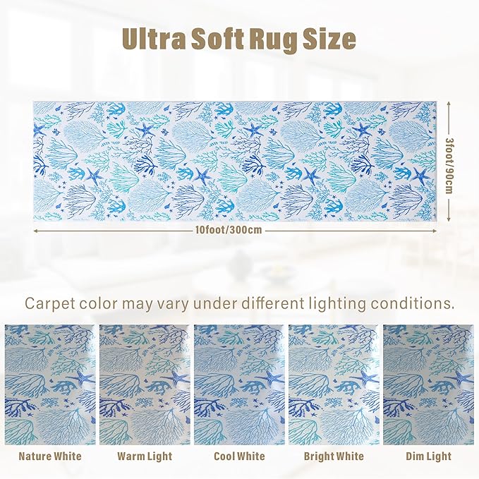 Carvapet Rugs for Hallway Laundry Bedroom, Modern Floral Low Pile Long Carpet with Rubber Backing, Foldable, Non Slip Machine Washable (10 x 3 Feet Rectangular, Sea World Runner Rug)
