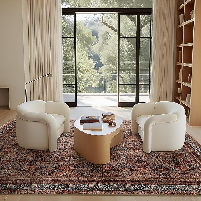 Phantoscope Vintage Collection Area Rug 9'x12' - Large Living Room Rug - Washable Rug Boho Rugs Non-Slip for Bedroom Dining Room, Low-Pile Floor Carpet Distressed Accent Rug, Brick Red/Black