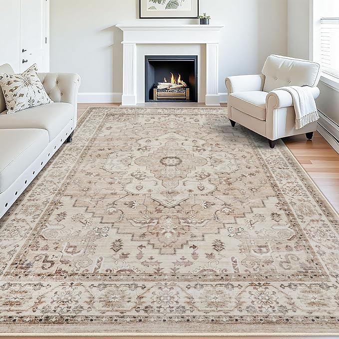 Washable 9x12 Area Rug - Large Rugs for Living Room Non Slip Stain Resistant Farmhouse Oriental Rug Carpet for Bedroom Dining Room Home Decor (9x12,Beige)