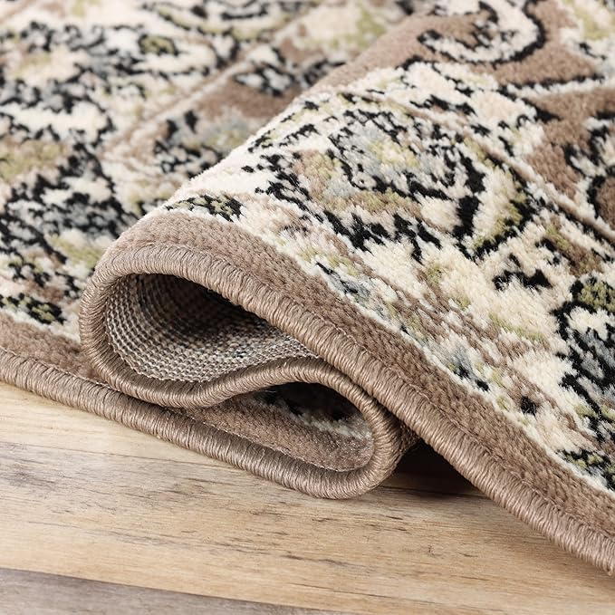 Superior Indoor Runner Rug, with Jute Backing, Chic Bordered Floor Decor for Living Room, Bedroom, Office, Entryway, Kitchen, Dining, Floral Design, Lille Collection, 2' 7" x 12', Brown