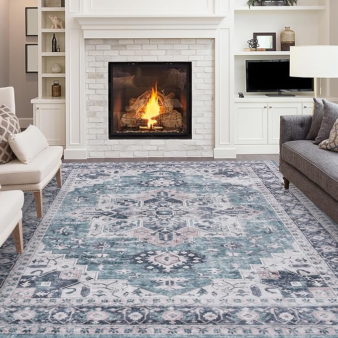 Washable Rug 8x10, Machine Washable Area Rugs with Non Slip Bottom, Vintage Rug for Living Room Bedroom, Traditional Print Floral Carpet Stain Resistant, Green Navy Boho Rug, 8 x 10 Carpet