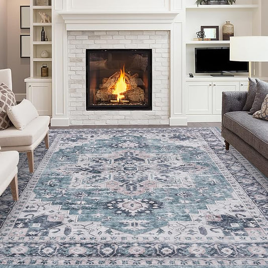 Washable Rug 8x10, Machine Washable Area Rugs with Non Slip Bottom, Vintage Rug for Living Room Bedroom, Traditional Print Floral Carpet Stain Resistant, Green Navy Boho Rug, 8 x 10 Carpet