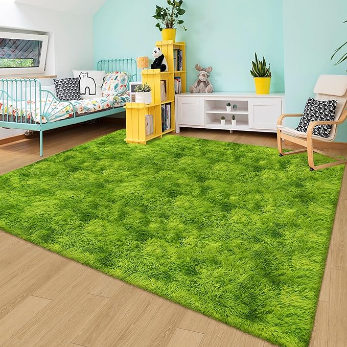 Tie Dyed Grass Green Large Rug 5x8 ft,Soft Plush Furry Shag Area Rugs Fluffy Fuzzy Carpet,for Bedroom Living Room Indoor Floor Rug Kids Girls Boys Home Decor Aesthetic,Dorm Nursery