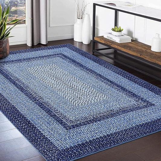 Washable Area Rugs 4x6 Rug for Living Room Indoor Mats for Entryway Soft Bedroom Rug Non Slip Modern Braided Print Area Rug Farmhouse Throw Rugs Low Pile Stain Resistant Carpet 4'x6' Navy Blue