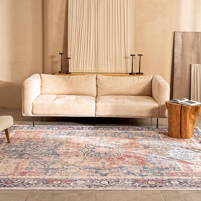 Kokia 6x9 Area Rugs for Living Room, Machine Washable Non Slip Vintage Boho Rugs, Low Pile Distressed Medallion Print Rug for Bedroom, Dining Room Brick Red 6 x 9