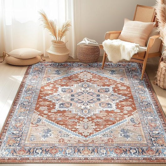 BESTSWEETIE 4x6 Area Rugs for Living Room Washable Non Slip Carpet Low Pile Soft Vintage Print Pattern Rug for Bedroom Dining Room Kitchen Entryway Indoor-Brick/Blue/Light Ivory