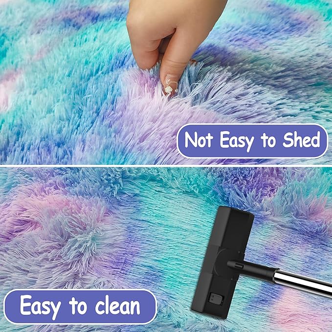 3x5Ft Purple Rainbow Area Rugs for Girls Room, Fluffy Colorful Rugs Cute Floor Carpets Shaggy Playing Mat for Kids Baby Girls Bedroom Nursery Home Decor Tie-Dyed Rainbow Rugs