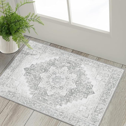 Washable Area Rug 2x3 Boho Entryway Rug Non Slip Small Vintage Rug for Entryway Door Mat Oriental Distressed Low-Pile Floor Carpet Rug for Indoor Front Entrance Kitchen Bathroom Hallway, Grey