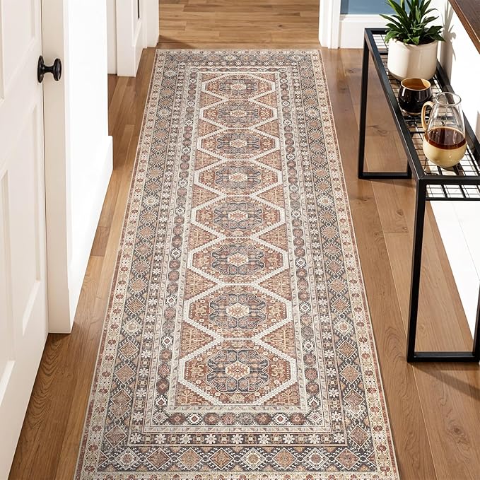 2x6 Runner Rug Kitchen Washable: Oriental Indoor Hallway Runners with Non Slip Backing Floor Mat for Entryway Door Low Pile Thin Carpet for Bedroom Bathroom Living Room Bedside Brick