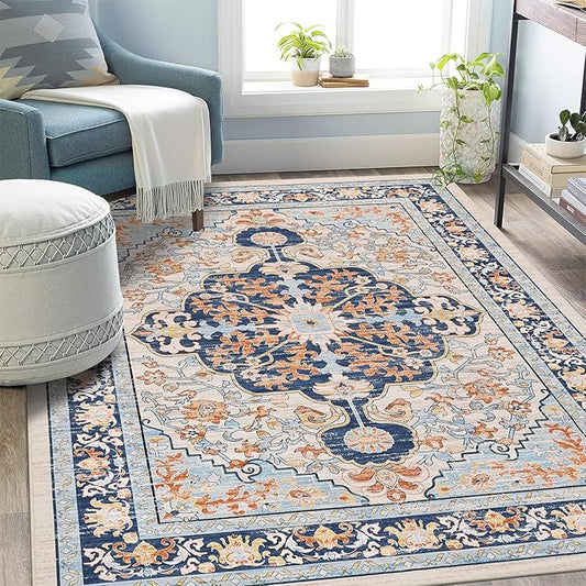 U'Artlines Boho Vintage Area Rug 5x7 Machine Washable Low Pile Soft Floor Carpet Non Slip Non Shedding Accent Rug for Living Room Bedroom Entryway Dining Room Office Orange＆Blue