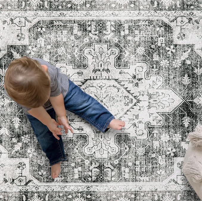 Moynesa Ultra-Thin Washable Area Rug - 3x5 Gray Entryway Rug Stain Resistance Kitchen Mat, Non Slip Non Shedding Pet Friendly Vintage Bathroom Carpet for Indoor Bedroom Living Laundry Room