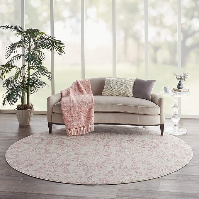 Nourison Jubilant Damask Ivory/Pink 8' x Round Area Rug, Easy Clean, Non Shedding, Bed Room, Living Room, Dining Room, Kitchen (8 Round)
