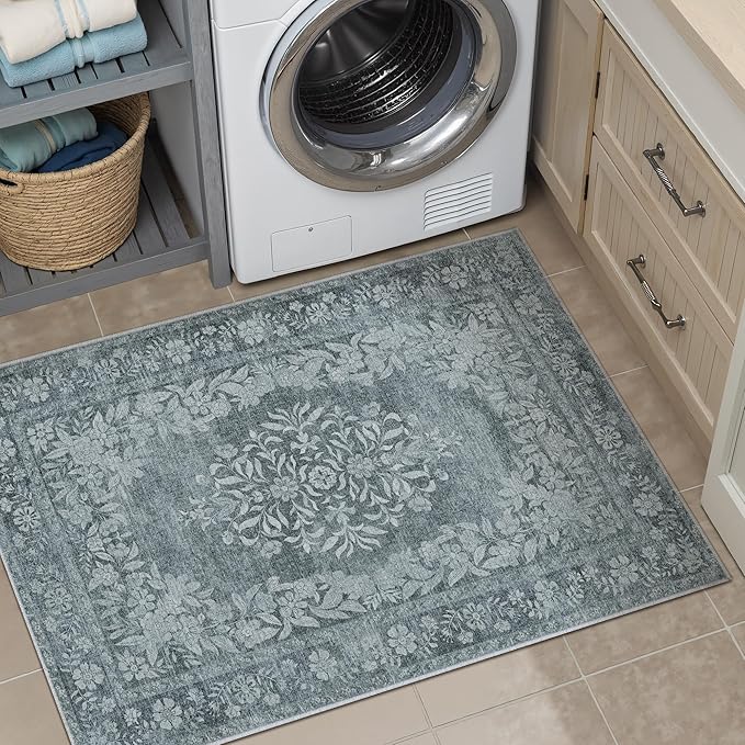 2x3 Area Rug Gray Washable Entryway Door Mat Indoor Vintage Medallion Floral Carpet Kitchen Bathroom Distressed Entrance Retro Small Non Slip Accent Throw Bedroom Office Dining Living Room