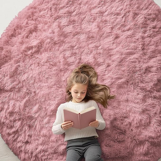 OLANLY Pale Pink Round Rugs for Bedroom - Machine Washable, 7x7 Feet Circle Area Rugs for Living Room, Soft and Fluffy Shaggy Carpet for Teen Girls and Boys, Dorms, Nursery Rooms, Home Decor Aesthetic