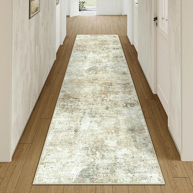 2x8 Runner Rug for Hallways Beige Grey Non Slip Washable Neutral Modern Abstract Indoor Rug Thin Soft Throw Low Pile Kitchen Carpet for Bedside, Bedroom, Bathroom, Entryway