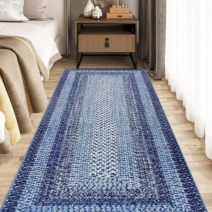 Printed Washable Runner Rug 2x10 Runners for Hallways Braided Rug Non Slip Bath Mat Modern Soft Bedroom Rug Farmhouse Kitchen Rugs Entryway Rugs Stain Resistant Carpet 2'x10' Navy