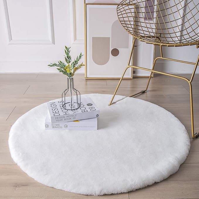 Ashler Faux Fur Rug, Ultra Soft Faux Rabbit Fur, White Area Rugs, 3 x 3 Feet Round, Machine Washable Nursery Decor Throw Rugs for Bedroom, Kids Room, Living Room