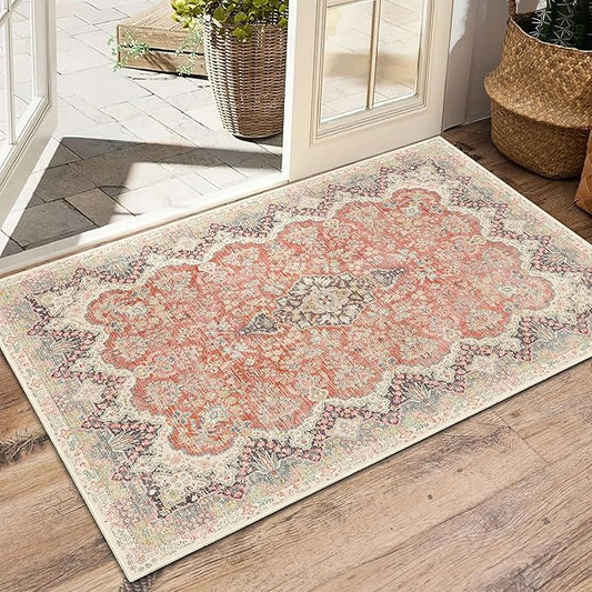 Small Rug 2x3 Boho Rugs for Entryway, Vintage Washable Area Rug for Bathroom Kitchen Bedroom, Non Slip Soft Accent Distressed Floor Throw Carpet, Red Grey