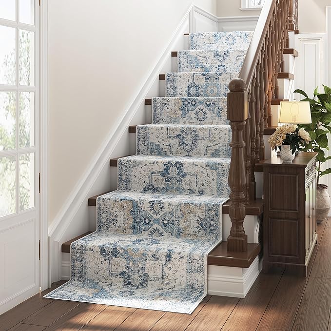 jinchan Runner Rug 2x12 Hallway Rug Kitchen Washable Runner Vintage Mat Retro Print Lightweight Non-Slip Floor Cover Distressed Thin Carpet for Entryway Bathroom Bedroom Laundry Room Stairway Blue