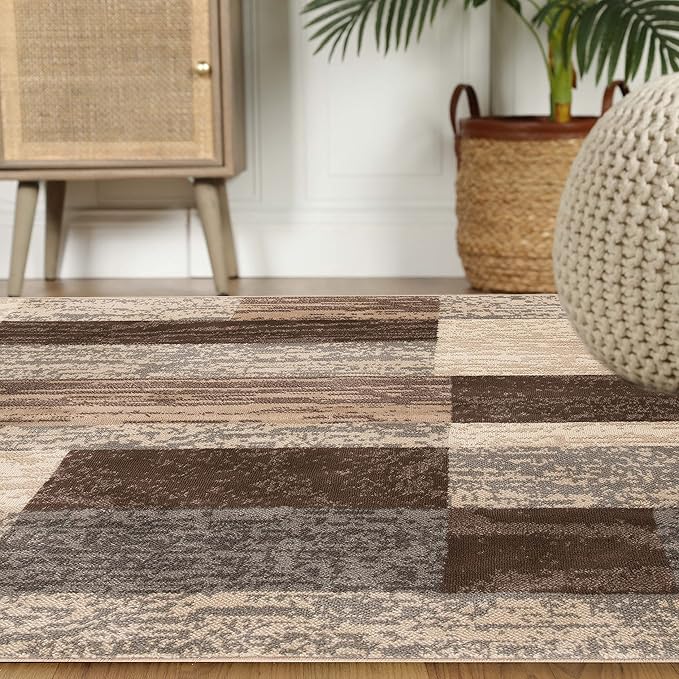 SUPERIOR Indoor Area Rug, Jute Backed, Modern Geometric Patchwork Floor Decor for Bedroom, Office, Living Room, Entryway, Hardwood Floors, Rockwood Collection, 8' x 8' Square, Slate