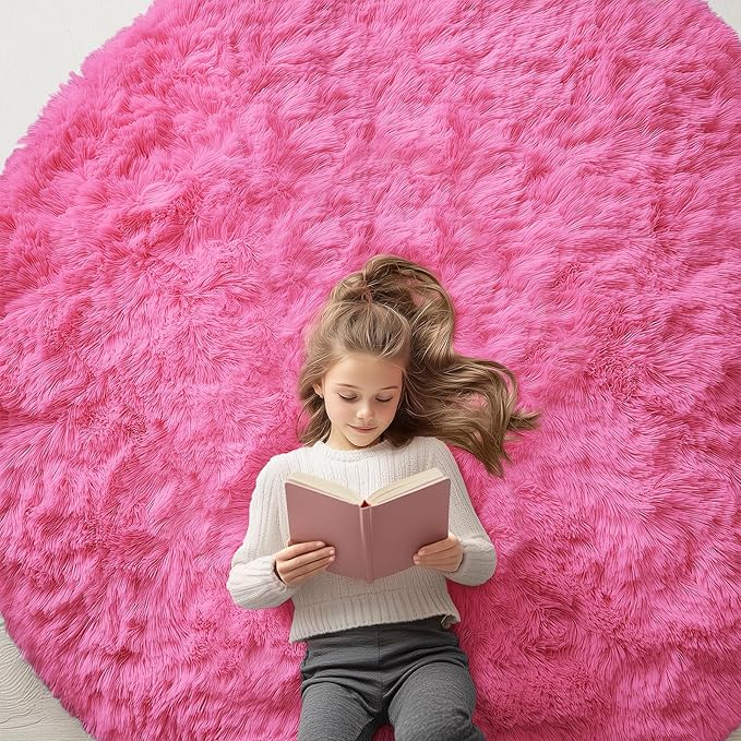 OLANLY Hot Pink Round Rugs for Bedroom - Machine Washable, 6x6 Feet Circle Area Rugs for Living Room, Soft and Fluffy Shaggy Carpet for Teen Girls and Boys, Dorms, Nursery Rooms, Home Decor Aesthetic