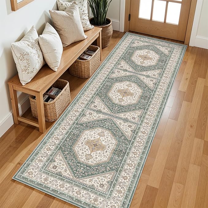 2x6 Runner Rug for Hallway Washable: Non Slip Kitchen Rugs with Rubber Backing Soft Waterproof Mats Stain Resistant Indoor Vintage Carpet Runner for Bedroom Bathroom Laundry Entryway Green/Beige