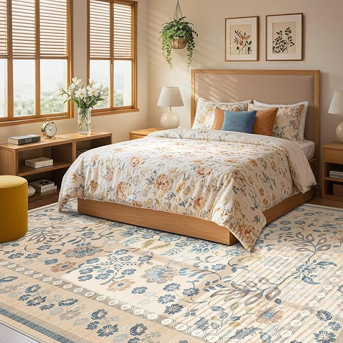 10x14 Area Rug Living Room Rugs - Washable Boho Vintage Floral Large Soft Non Slip Thin Rug Low Pile Carpet for Bedroom Dining Room Kids Playroom Office Decor Indoor- Multi Color