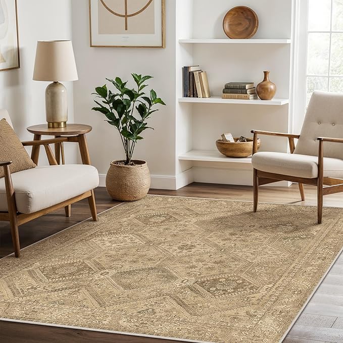 Bavni 4x4 Area Rugs for Living Room, Machine Washable Rug Non Slip, Vintage Chenille Distressed Print Carpet, Large Low Pile Ultra-Thin Lightweight Rugs for Bedroom, Dining Room, Office, Nut Brown