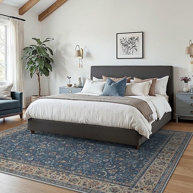 8X10 Area Rugs Machine Washable Rugs for Living Room, Vintage Boho Large Rugs for Bedroom Dining Room, Non Slip Indoor Soft Distressed Lightweight Thin Low Pile Carpet, Indigo