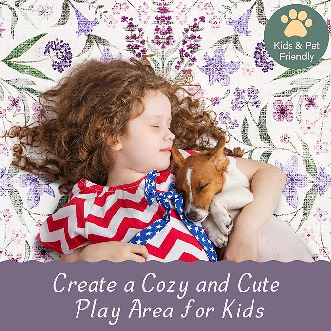 Amearea Purple Runner Rugs for Hallway, 2x6 Feet Area Rugs for Bedroom Girls, Washable Floral Collection Bedside Rugs Low Pile Print Carpet, Kids Room Entrance Kitchen Living Room Decor